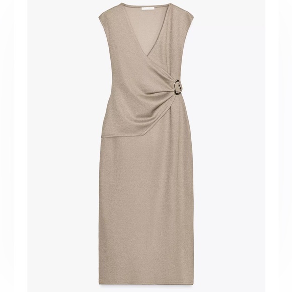 Zara NWT taupe beige tan wrap gold appliqué v neck midi dress - Picture 2 of 8